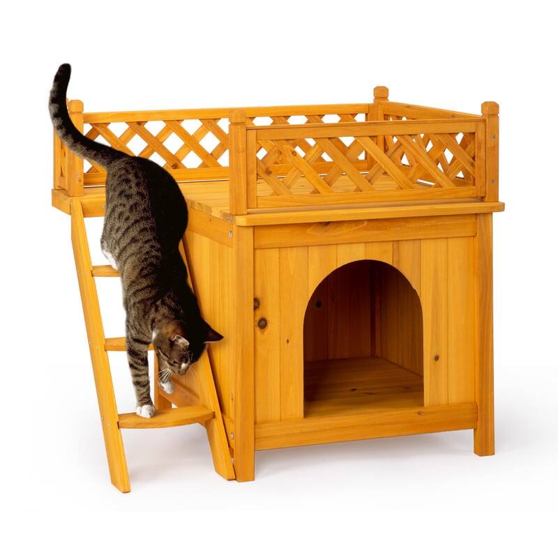2-Story Wooden Feral Cat House Dog House for Outdoor and Indoor, Pet House with Stairs