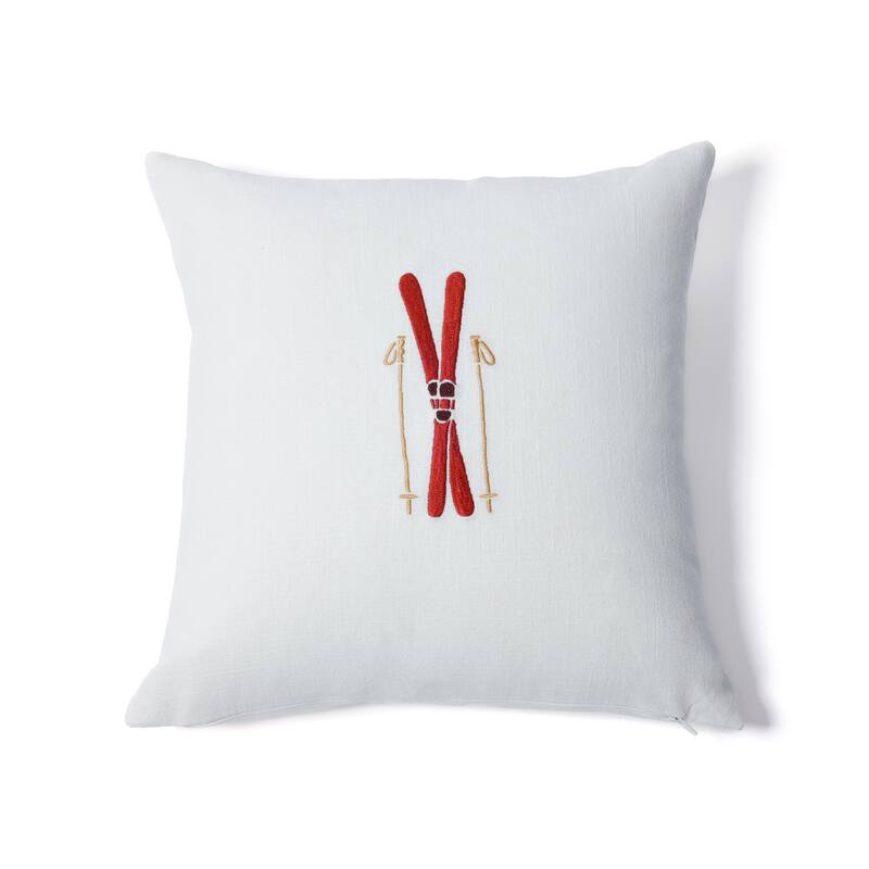 Ski Mountain Winter Scene Cotton Embroidered Throw Pillow, 16" x 16"