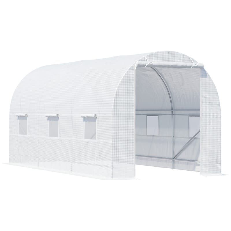 15ft x 7ft Walk-In Tunnel Greenhouse with Roll-Up Windows & Door, Steel Frame, White - White