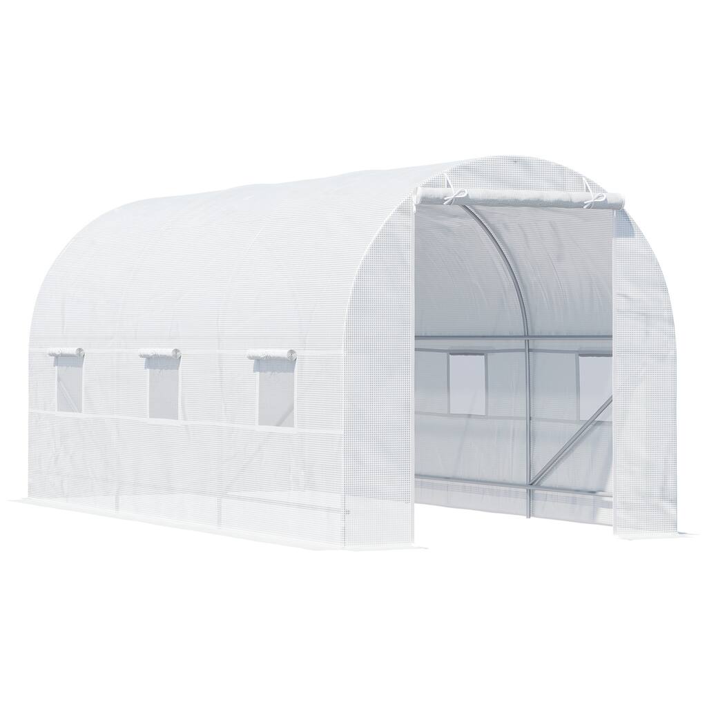 15ft x 7ft Walk-In Tunnel Greenhouse with Roll-Up Windows & Door, Steel Frame, White