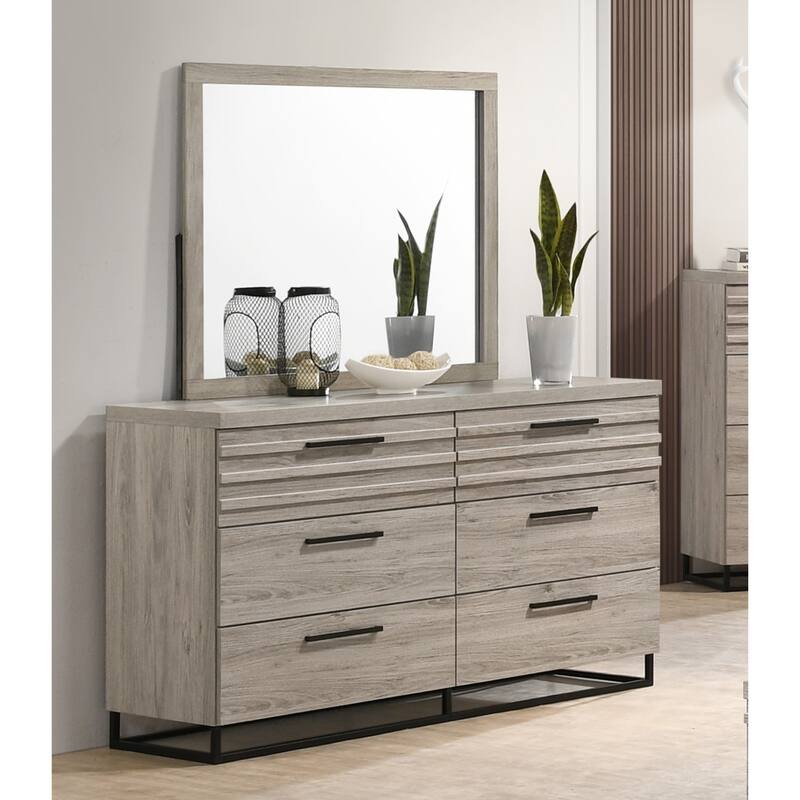 Roundhill Furniture Alvear Upholstered Wood Panel Bed, Dresser, Mirror, Nightstand, and Chest, Weathered Gray