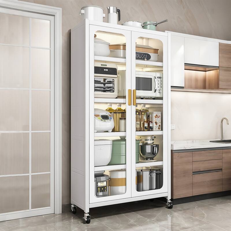 65" Kitchen Pantry Storage Cabinet, 6 Tier Metal Display Storage Cabinet with Transparent Door, Adjustable Shelves & Wheels