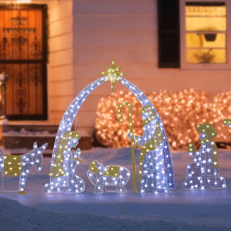 Glitzhome S/11 Christmas 2D Iridescent Fabric Nativity Lighting Decor