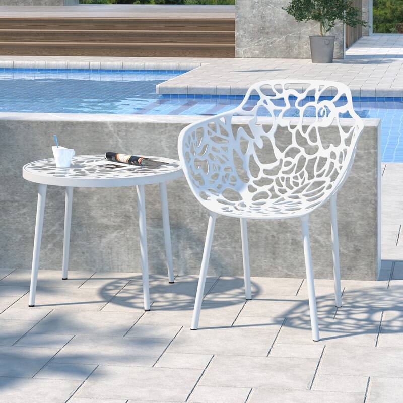 Devon Aluminum Dining Armchair with Floral Cutouts – Stackable, UV-Protected, Indoor/Outdoor Patio Side Chair