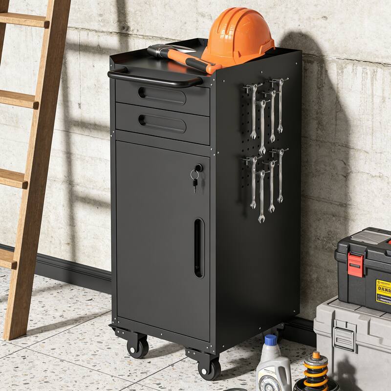 34.3" Narrow Rolling Tool Cabinet - Space-Saving Garage Storage with Lockable Door, 2 Drawers and Large Handle