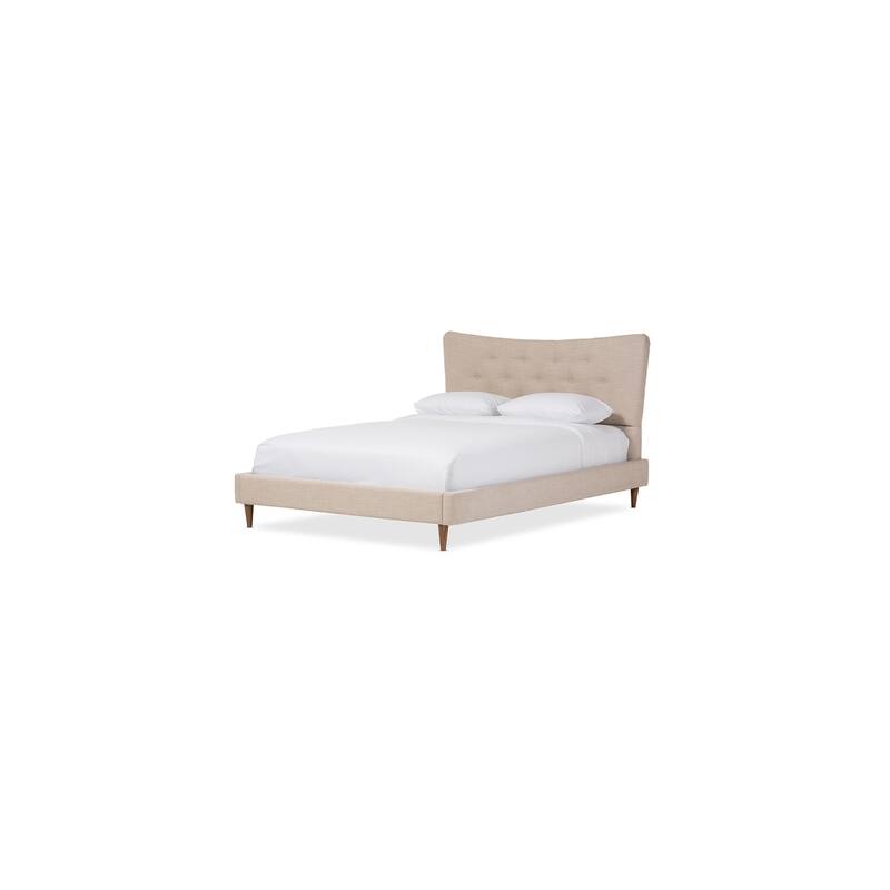 Mid-Century Modern Platform Bed - Rubberwood Frame, Beige Finish, Stylish Bedroom Furniture