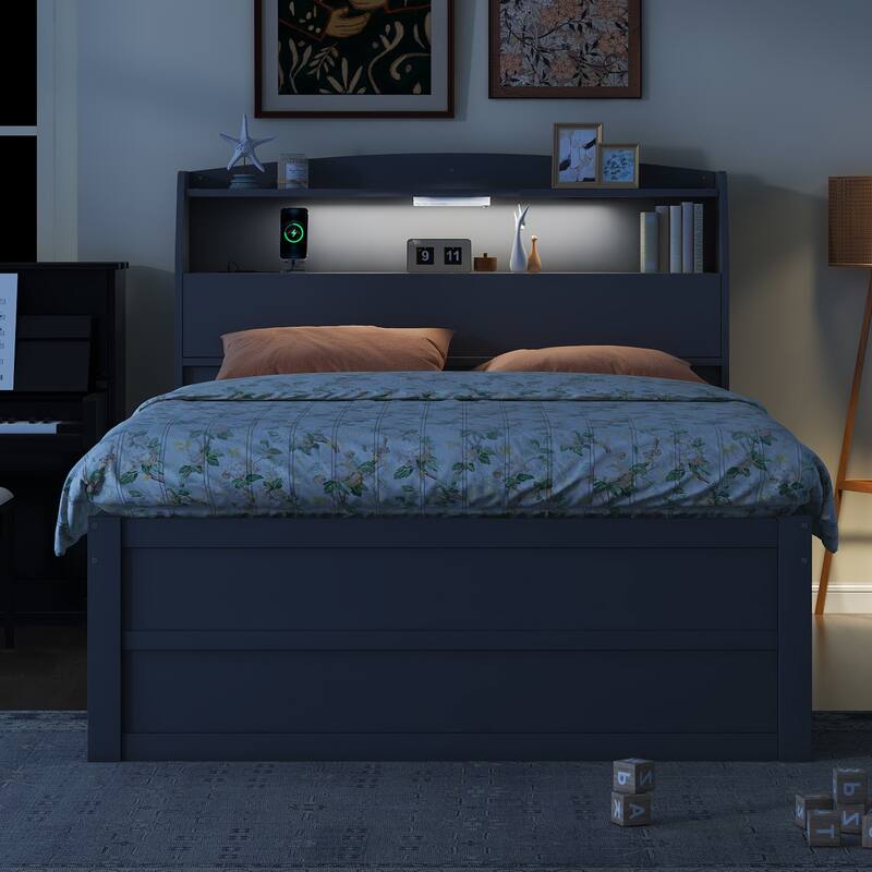 Wooden LED Bed with Trundle and Storage Headboard