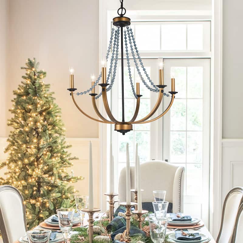 Mid-century Modern 6-Light Empire French Country Boho Dining Room Chandelier with Crystal Beads - D25" x H28.5"