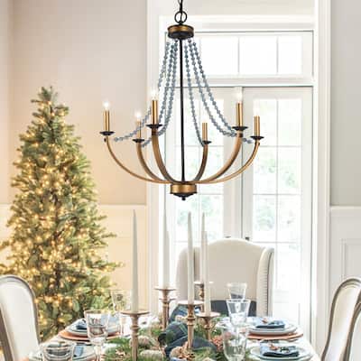 Mid-century Modern 6-Light Empire French Country Boho Dining Room Chandelier with Crystal Beads - D25" x H28.5"
