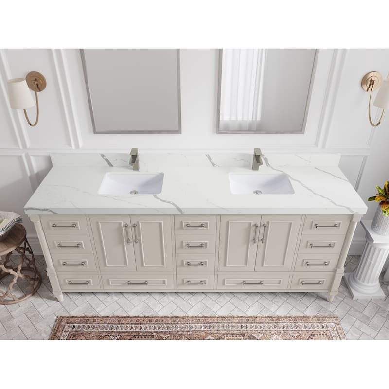 Willow Collections 84 in. W x 22 in. D Aberdeen Double Bowl Sink Bathroom Vanity with Countertop - 2" Calacatta Laza - Fine Grain