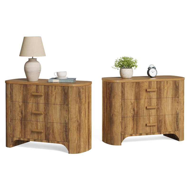 3-Drawer Fluted Nightstands, 31.5'' W Oversized Night Stand Bedside Table - Light Brown( 2pcs)