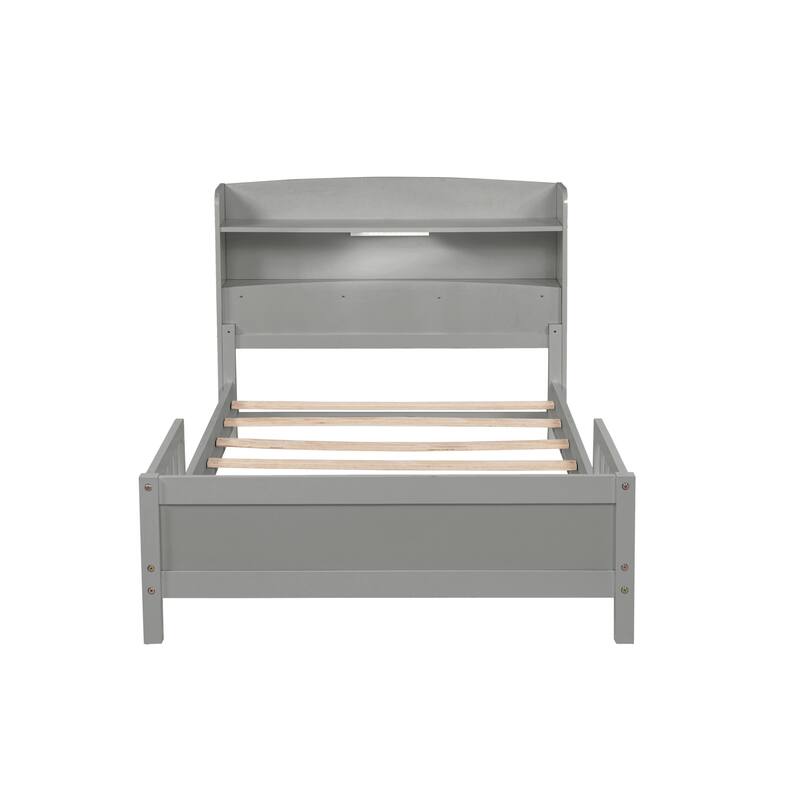 Twin Size Pine Bed w/ Bookcase Headboard ,LED Sensor Light, Guardrails