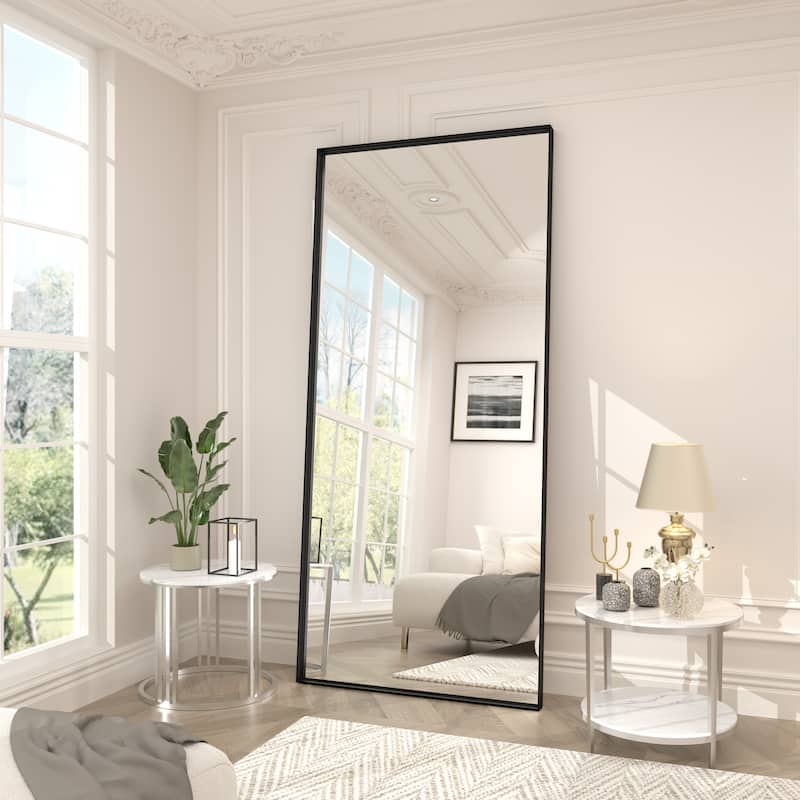 Full Size Metal Frame Wall Mirror Black Tempered Glass for Bathroom
