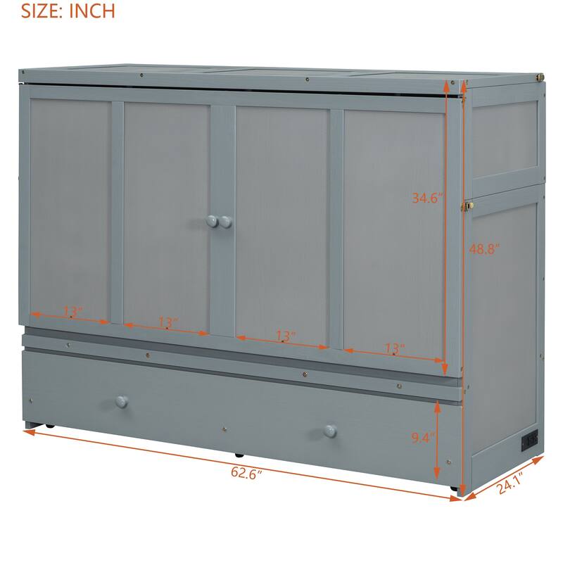 Queen Size Murphy Bed with USB Port and Large Drawer, Space-Saving Design, No Box Spring Needed, Espresso Finish