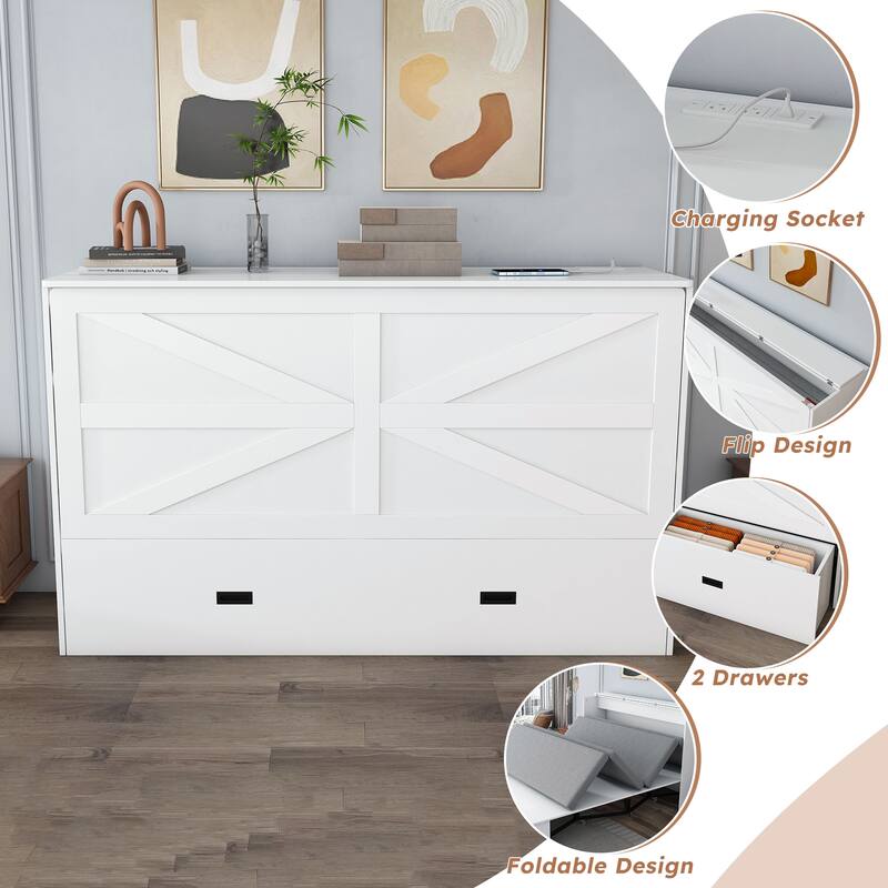 Full Size Foldable Murphy Bed Cabinet with Storage and Charging