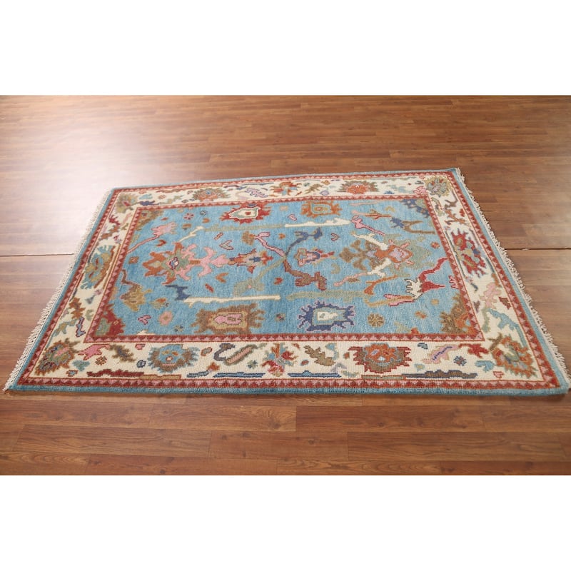 Light Blue Transitional Oushak Oriental Area Rug Handmade Wool Carpet - 4'0"x 5'10"
