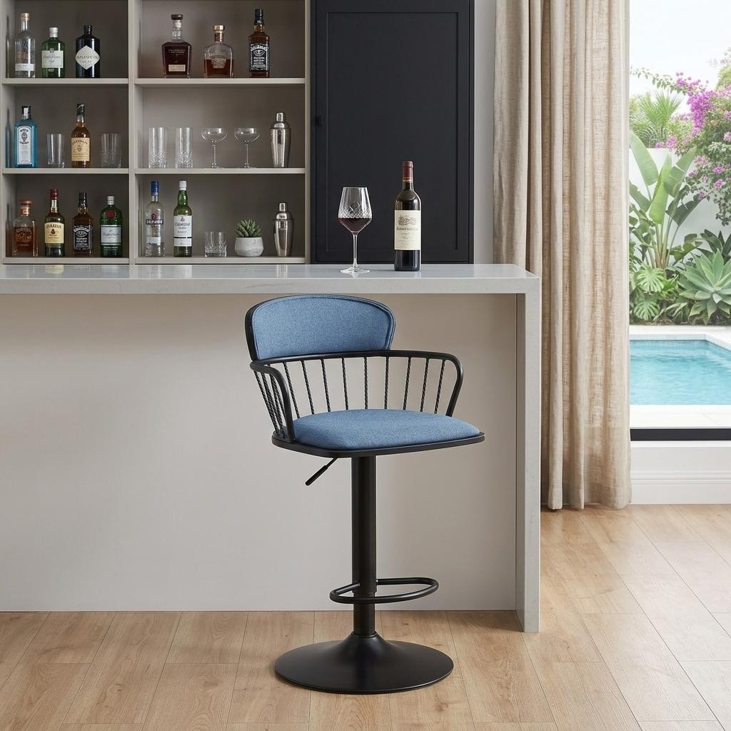 HomeRoots Blue and Black Fabric with Metal Swivel Low Back Adjustable Height Bar Chair