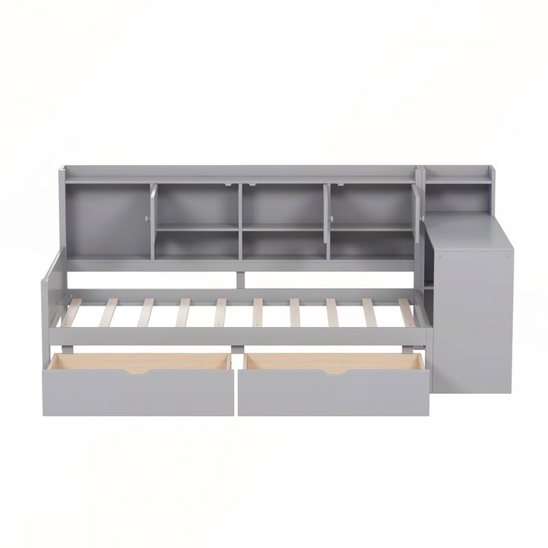 Wooden L-Shape Full Size Daybed with Study Desk and Built-in Bookshelf
