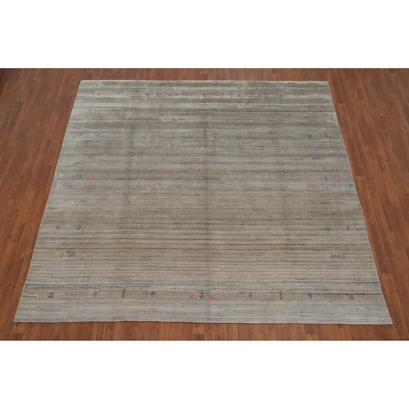 Hand Knotted Oriental Viscose Silk Carpet Tribal Animal Pictorial Beige & Ivories Gabbeh Area Rug - 9' 1'' X 9' 4''