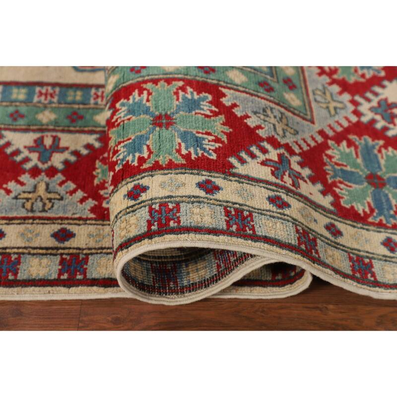 Hand Knotted Oriental 100% Wool Carpet Traditional Geometric Beige & Ivories Kazak Area Rug - 8' 0'' X 5' 8''