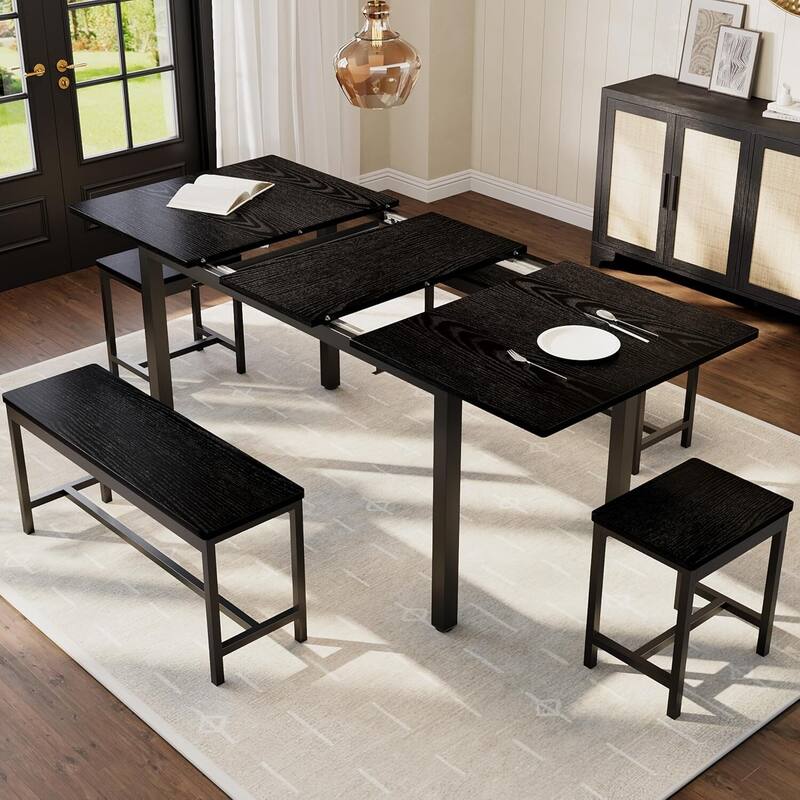5-Piece Extendable Kitchen Dining Table Set for 4-8 People with 2 Benches and 2 Stools - Black