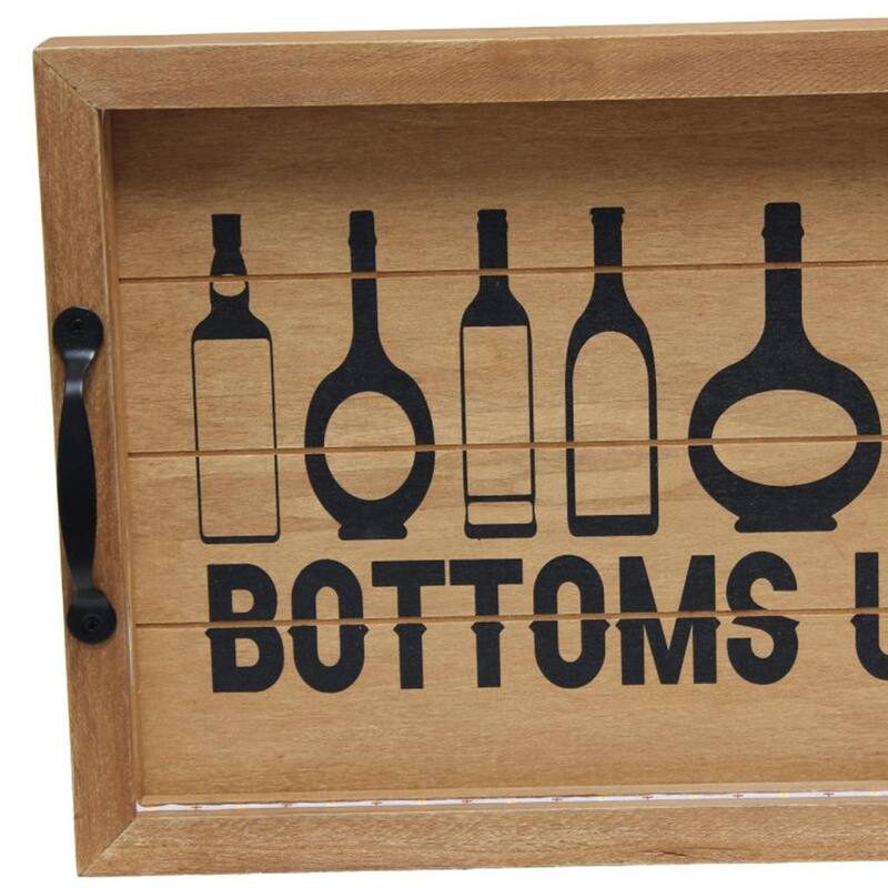 HomeRoots 16" Natural And Black Bottoms Up Serving Tray With Handles And LED Lights - 15.50 in. x 2.25 in. x 12.00 in.