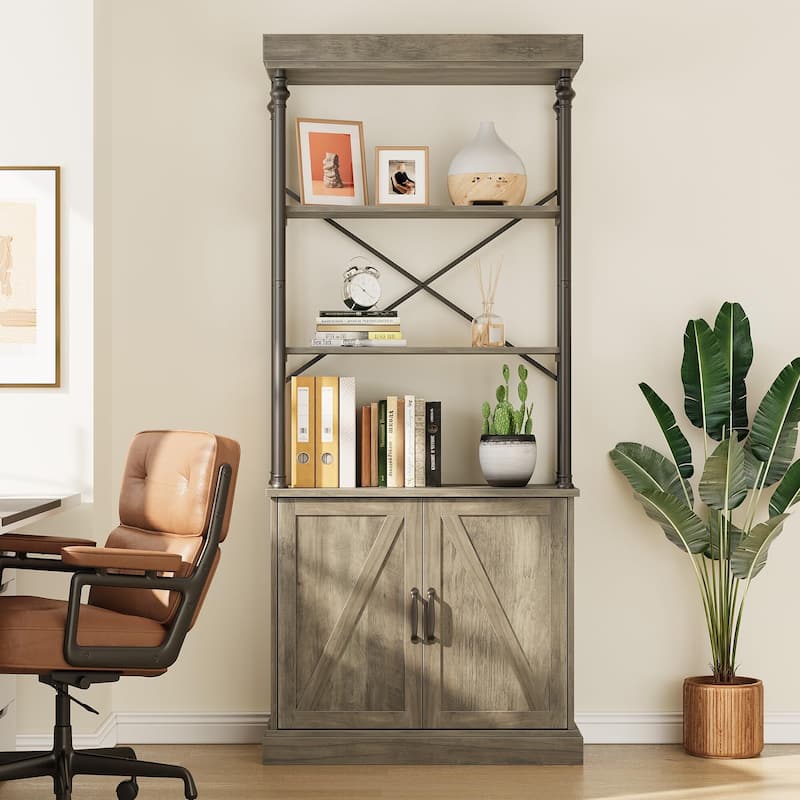 73''H Industrial Floor Standing Bookcase with Doors 5 Story Display Storage