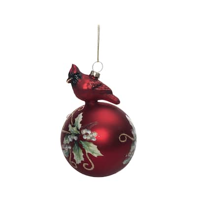 Transpac Glass 4.88 in. Multicolor Christmas Poinsettia Ornament with Perched Cardinal