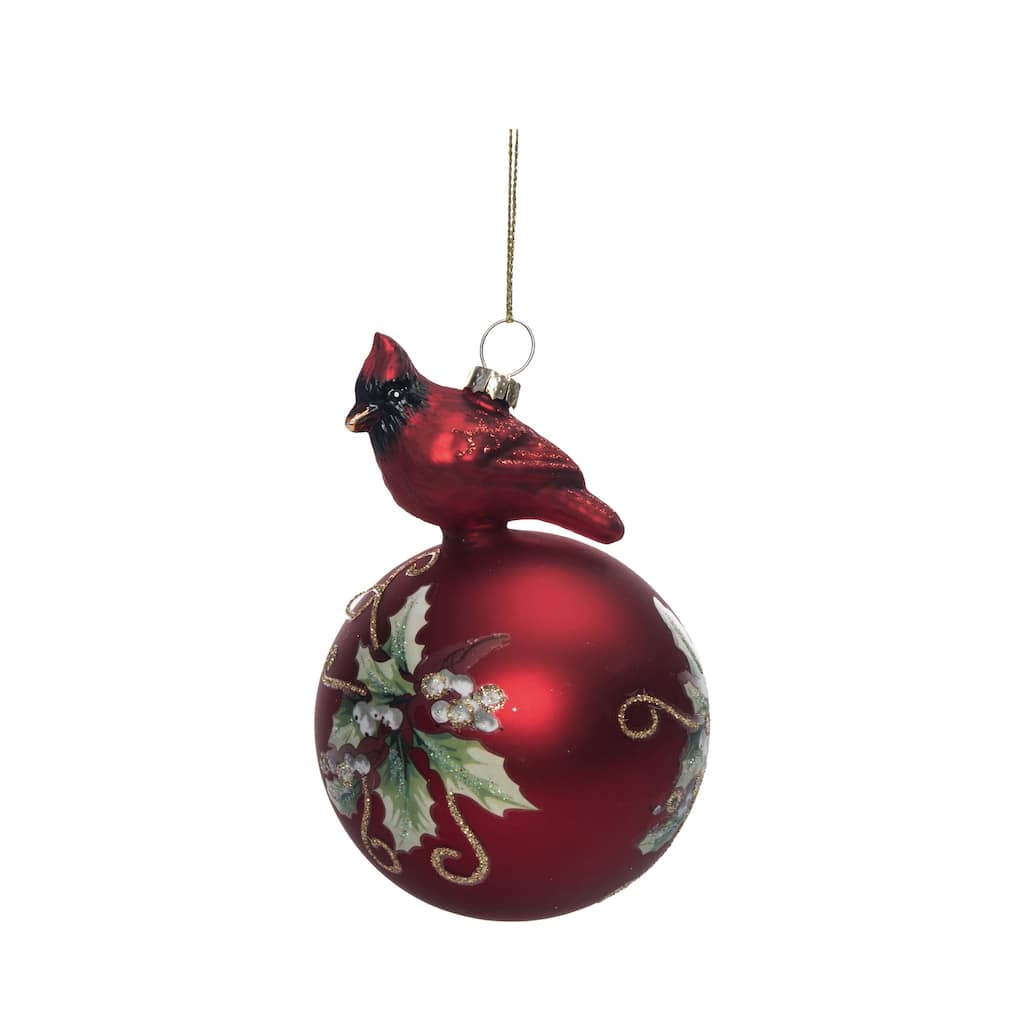 Transpac Glass 4.88 in. Multicolor Christmas Poinsettia Ornament with Perched Cardinal