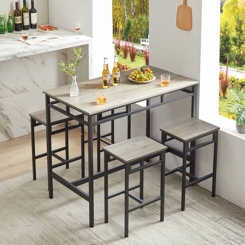 Rustic Style 5-Piece Dining Set with Rectangular Table and 4 High Stools Dining Chairs