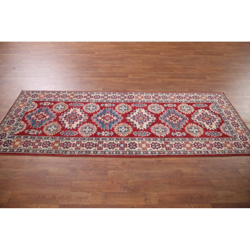 Hand Knotted Oriental 100% Wool Carpet Traditional Geometric Red Kazak Runner Rug - 7' 7'' X 2' 9''
