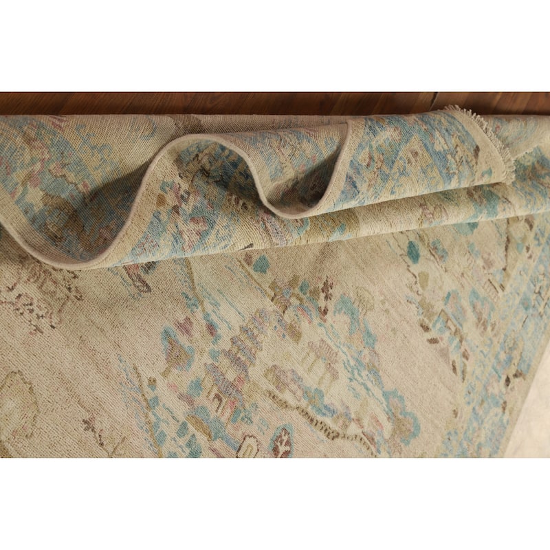 Hand Knotted Oriental 100% Wool Carpet Traditional Floral Beige & Ivories Art Deco Runner Rug - 14' 1'' X 4' 10''