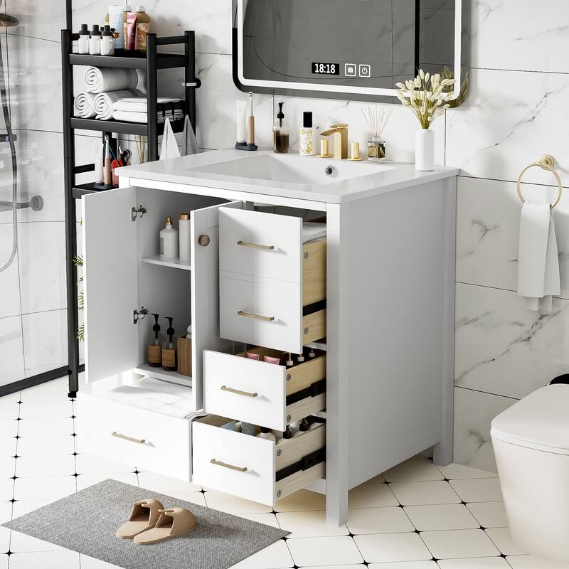 30" Bathroom Vanity with Ceramic Sink Combo, Solid Wood Frame Bathroom Storage Cabinet, Freestanding Vanity Set