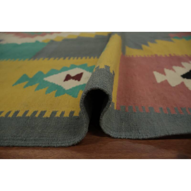 Hand Woven Oriental 100% Wool Carpet Southwestern Tribal Greys & Charcoal Kilim Area Rug - 11' 10'' X 8' 10''