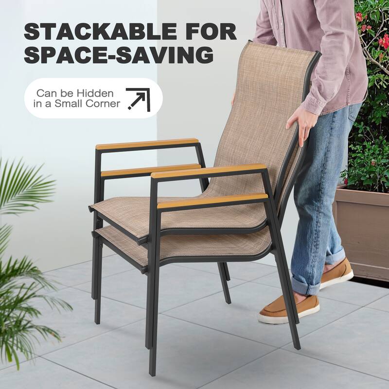 Patio Stackable Textilene Dining Chairs Set of 4, Faux Wood Armrests