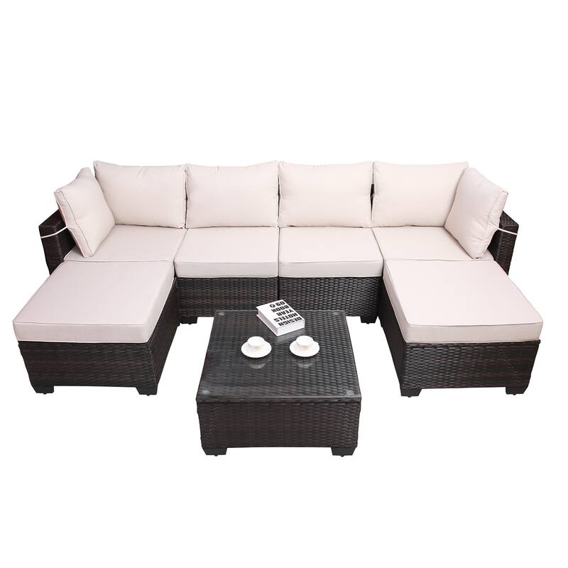Outdoor Garden Patio Furniture 7-Piece PE Rattan Wicker Cushioned Sofa Sets with 2 Pillows and Coffee Table