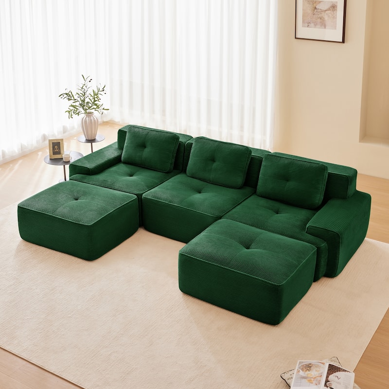 Modern U-Shaped Corduroy Sectional Sofa Couch with Removable Ottoman - Green