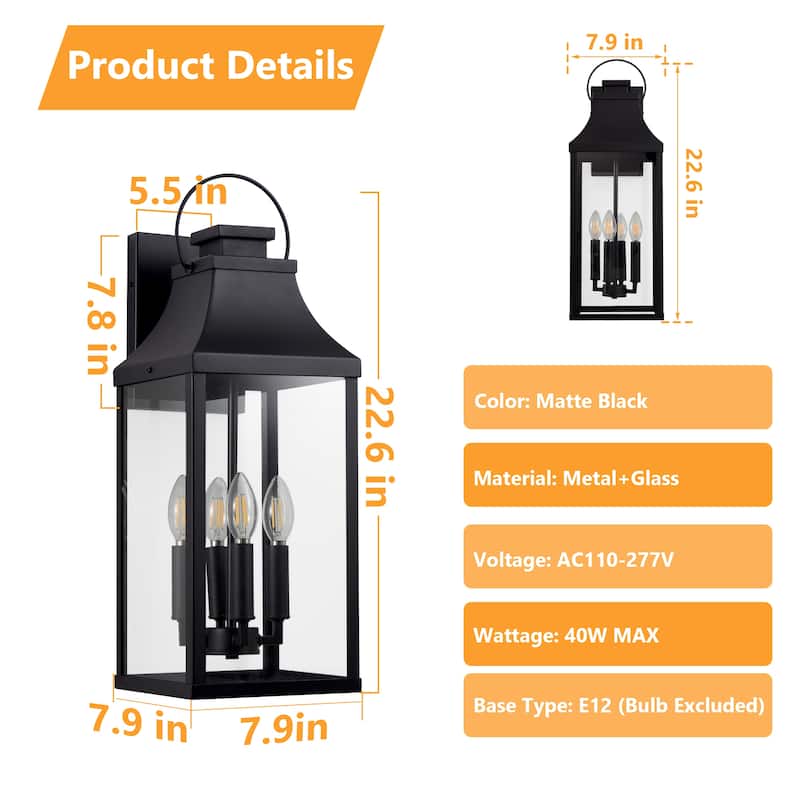4-light Outdoor Wall Light With Matte-black Lantern & Clear Glass