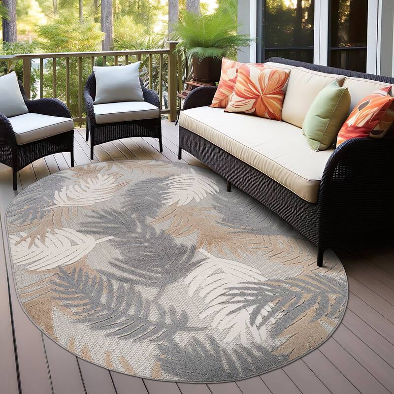 World Rug Gallery Tropical Floral Modern Indoor/Outdoor Area Rug - 5' X 7' OVAL - Beige