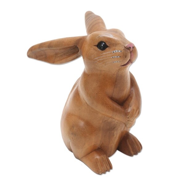 Wood sculpture, 'Adorable Rabbit in Brown' - 14 cm H x 13 cm W x 7