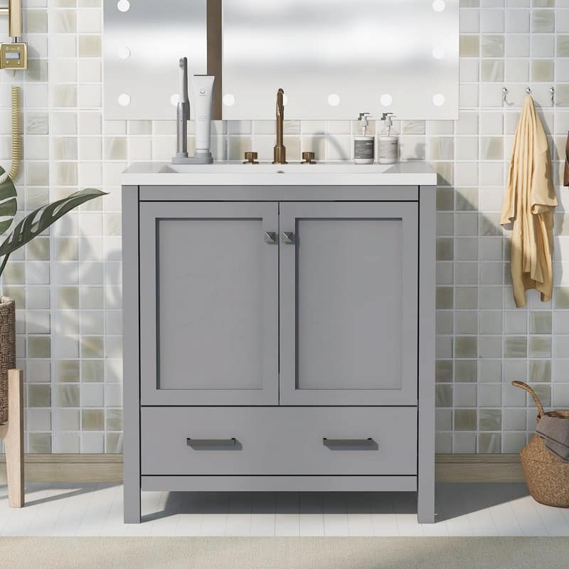 30" White Bathroom Vanity with Single Sink, 2 Doors, and Drawer