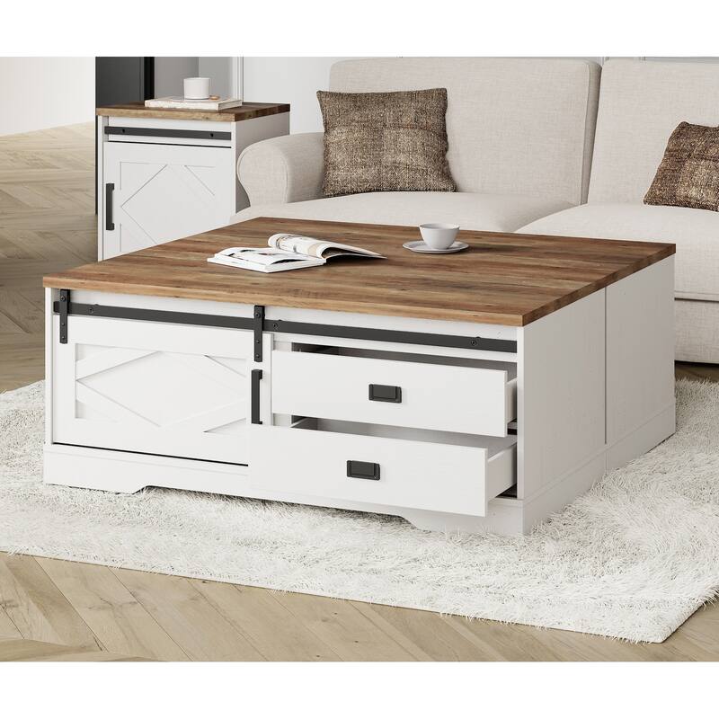 WAMPAT Rustic 2 in 1 Center Table with Hidden Storage Compartment - White
