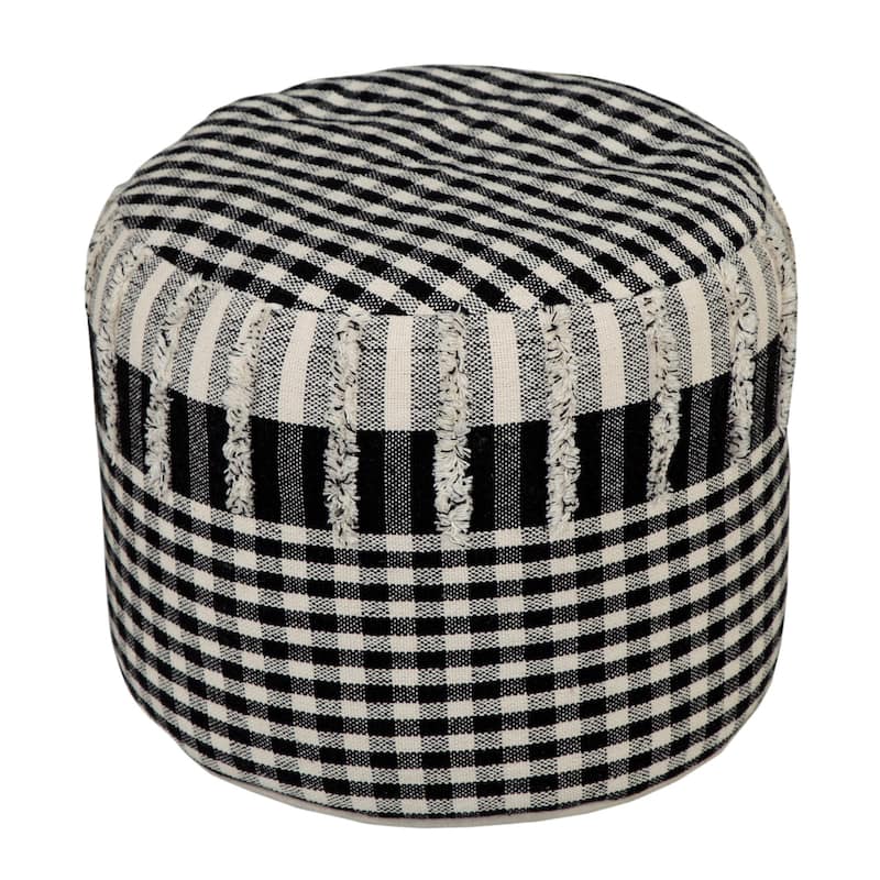 18" White and Black Checkered Hand Loomed Round Pouf Ottoman