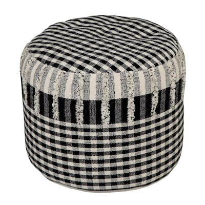 18" White and Black Checkered Hand Loomed Round Pouf Ottoman