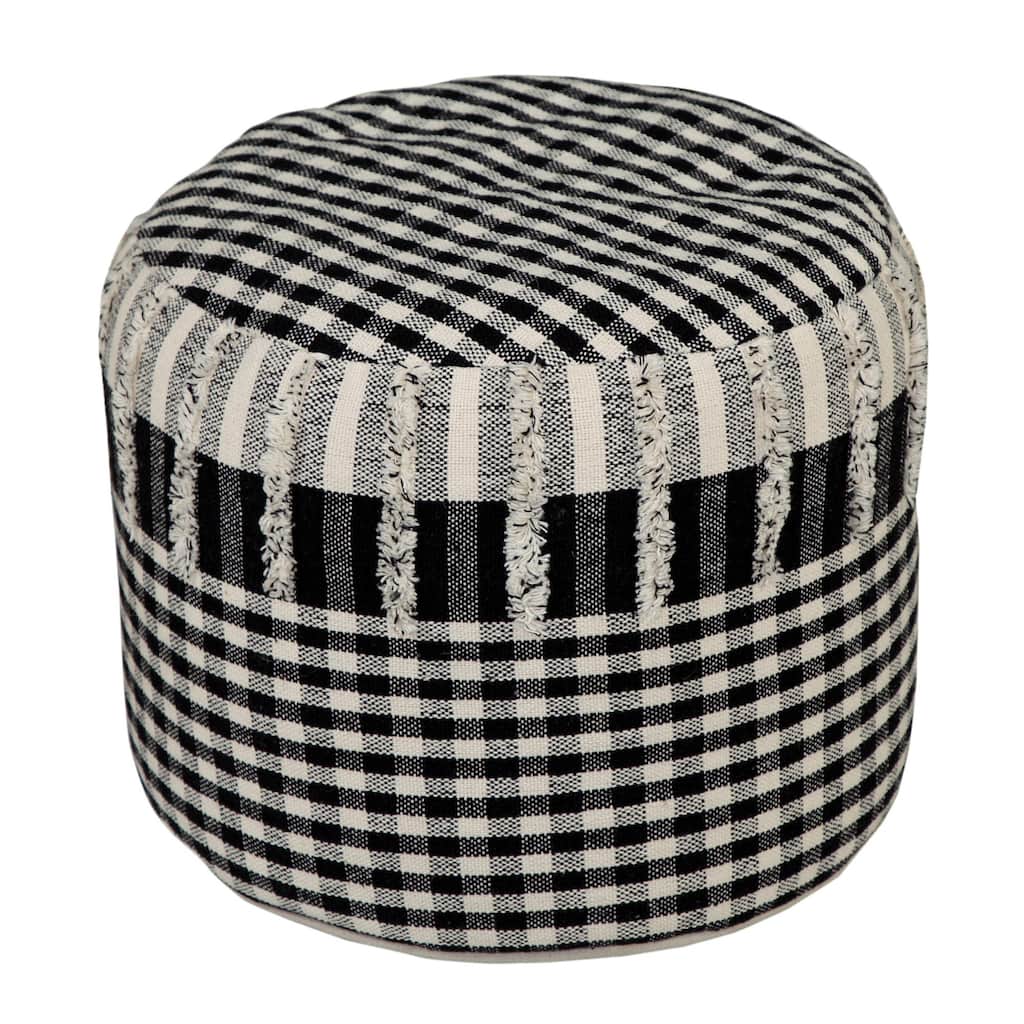 18" White and Black Checkered Hand Loomed Round Pouf Ottoman