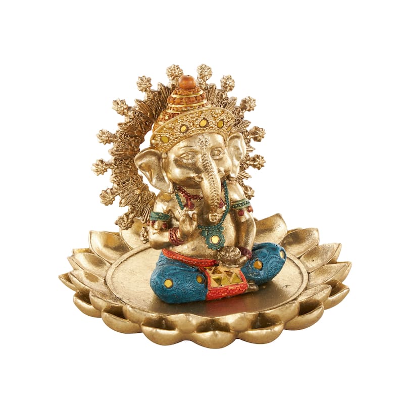 Gold Resin Ganesh Decorative Sculpture with Lotus Plate and Colorful Dresswear