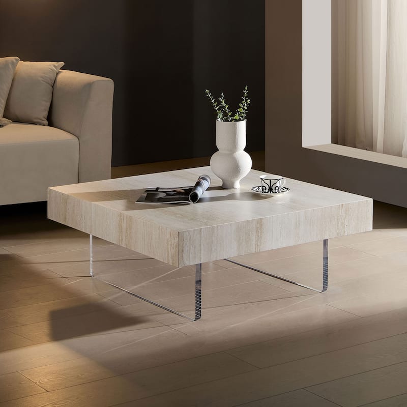 34.65''Square Faux Travertine Pattern Coffee Table,Mdf Table,Modern Design Coffee Table With Acrylic Legs