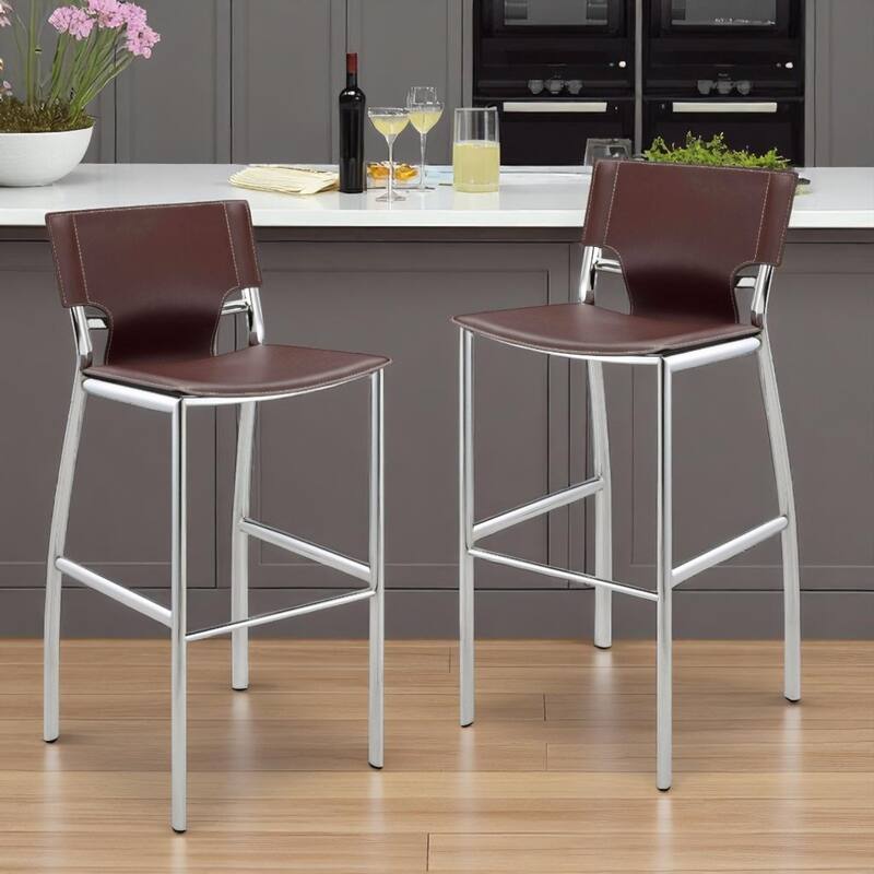 HomeRoots Set of Two 29" Brown and Silver Metal and Faux Leather Low Back Bar Height Bar Chairs - Bar Height - Brown - Set of 2