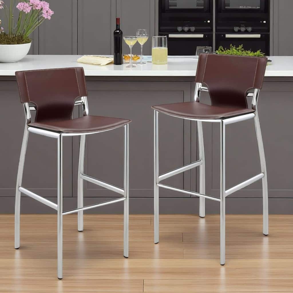 HomeRoots Set of Two 29" Brown and Silver Metal and Faux Leather Low Back Bar Height Bar Chairs