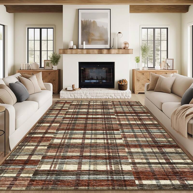 Area Rugs for Living Room Bedroom Modern Geometric Rug Low Pile Non Slip Farmhouse Plaid Carpet